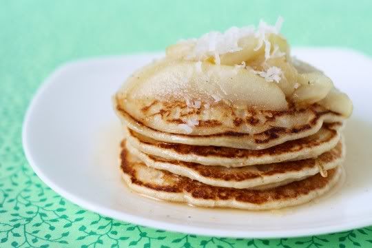 Double Coconut Pancakes with Vanilla Pear Sauce