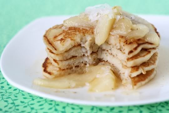 Double Coconut Pancakes with Vanilla Pear Sauce