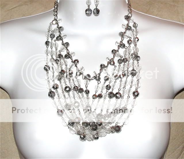 Multi Strand Silver Gray Clear Bead Bib Necklace Set  